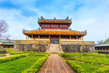 Obraz premium view of the Imperial City with the Purple Forbidden City within the Citadel in Hue, Vietnam. Imperial Royal Palace of Nguyen dynasty. Travel and landscape concept