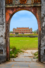 Naklejka premium view of the Imperial City with the Purple Forbidden City within the Citadel in Hue, Vietnam. Imperial Royal Palace of Nguyen dynasty. Travel and landscape concept