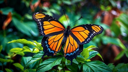 Fototapeta premium Vibrant butterfly displaying orange wings in lush garden