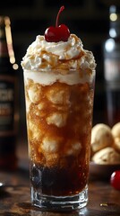 A Delicious Ice Cream Soda: A close-up image of an appetizing ice cream soda, featuring layers of ice cream, soda, whipped cream, and a vibrant cherry garnish
