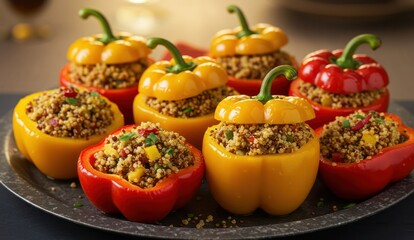 Delicious red and yellow bell peppers stuffed with quinoa on a platter.