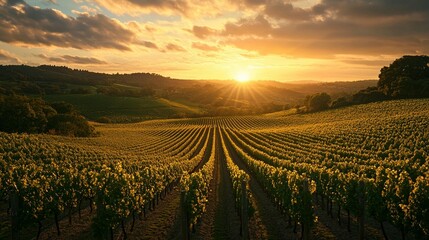 Fototapeta premium Vibrant sunset over rolling vineyards.
