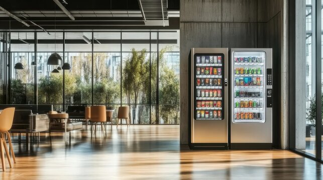 Modern office interior featuring vending machines and spacious seating area with large windows letting in natural light