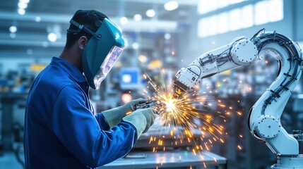 Human Welder Collaborates with Robotic Arm in Industrial Factory as Sparks Fly from Precision Welding of Metal Piece in an Advanced Manufactu Environment