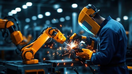 A skilled welder utilizing a robotic arm in a bright factory setting focusing on precision metal welding with protective gear for safety and efficiency
