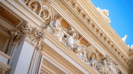 Obraz premium Intricate Architectural Details of Historic Building Facade under Blue Sky