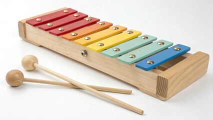 Brightly painted rainbow xylophone made of wood, accompanied by two mallets, designed for children's early music learning and play.