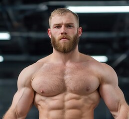 A muscular man with a beard poses confidently, showcasing his physique in a fitness environment.