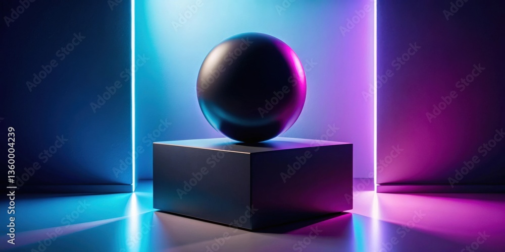 Poster a dark sphere rests atop a sleek cube, illuminated by vibrant neon lighting casting dynamic shadows.
