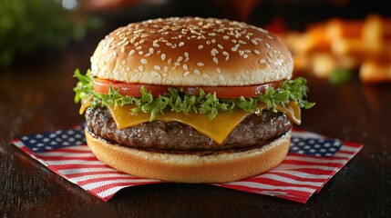 Fourth of July BBQ concept with patriotic grill party. Juicy burger with cheese and fresh ingredients on a flag backdrop