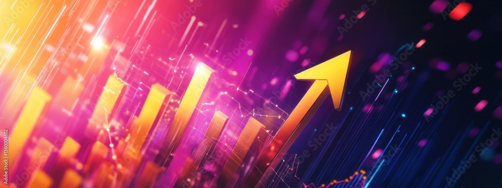 Poster vibrant representation of financial growth using colorful graph and upward arrow on a dark backgroun