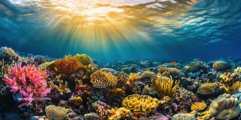 Fototapeta premium Underwater coral reef teeming with life during bright sunlight hours in a tropical ocean