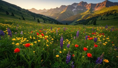 Fototapeta premium Breathtaking mountain landscape with a vibrant wildflower meadow in golden light.