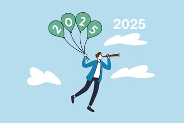 Year 2025 vision, achievement or plan for success, career target or economic forecast, aspiration to work success, new year resolution concept, businessman flying with 2025 balloons with telescope.