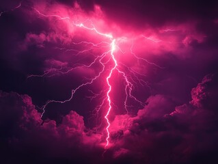 Powerful pink lightning strike in a dark stormy sky
