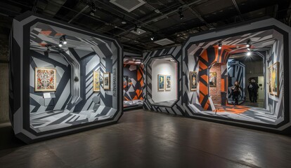Indoor art gallery with modern, geometric installations showcasing colorful artworks.
