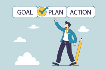 Goal, action and plan, process to implement business, strategy plan for career improvement, increase efficiency or productivity concept, businessman holding pencil with Goal, Action, Plan checklist.