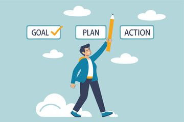 Goal, action and plan, process to implement business, strategy plan for career improvement, increase efficiency or productivity concept, businessman holding pencil with Goal, Action, Plan checklist.