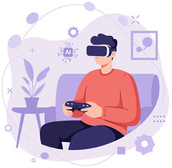 Man using VR AI headset with joystick at home. Colorful flat design illustration