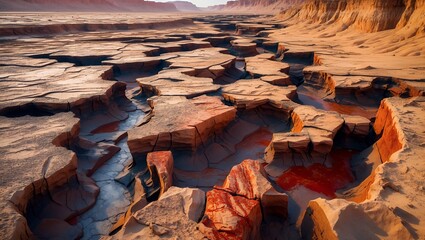 Arid, cracked earth with canyon-like fissures reveals rust colored sediment