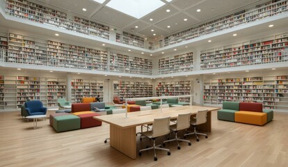 Bright and spacious library interior with floor-to-ceiling bookshelves.