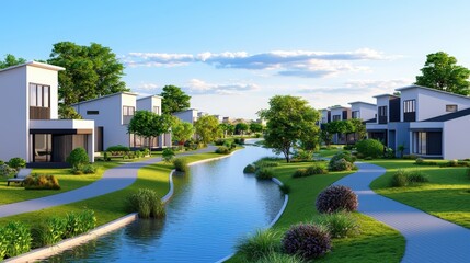A serene neighborhood with modern houses along a winding canal, surrounded by lush greenery and clear blue skies, Sustainable Living.