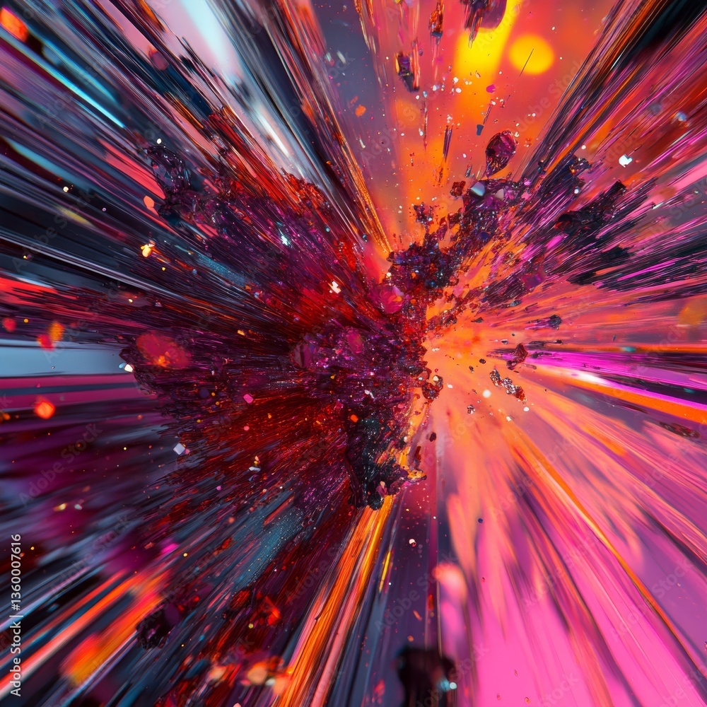 Poster abstract cosmic collision: a burst of energy and light exploding through space and time