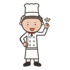 ガッツポーズでやる気満々な若い男性コックさんの全身イラスト