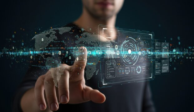 A man interacting with a digital interface displaying global data.