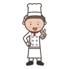 笑顔でピースをする若い男性コックさんの全身イラスト
