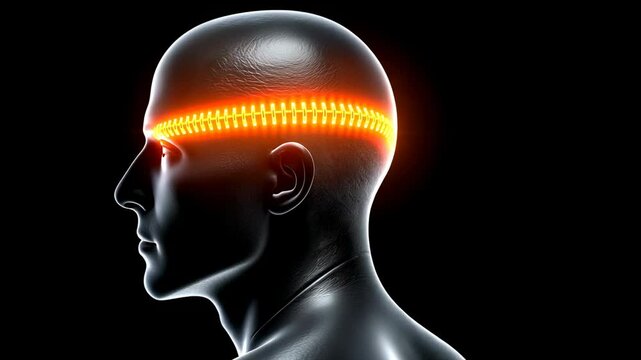 Futuristic Head Silhouette with Neon Lighted Brainwave Patterns