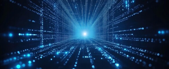 Naklejka premium Futuristic data stream tunnel with glowing light emitting particles