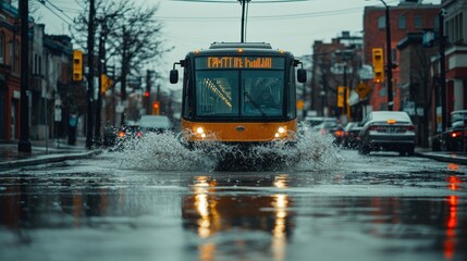 Rainy city street with flooded road and bus