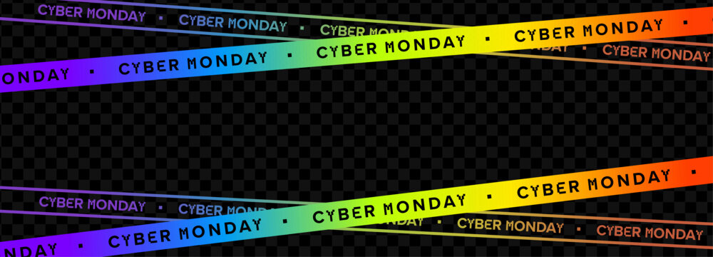 Cyber Monday rainbow tape banner. Colorful warning ribbon with sale message, tech style, futuristic retail feel. Perfect for promo, marketing, ads, discounts. Vector illustration
