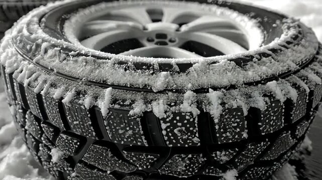 Winter tire covered in snow. Close-up view of icy tire tread.  Potential use Stock photo for car maintenance, winter driving safety, or seasonal content