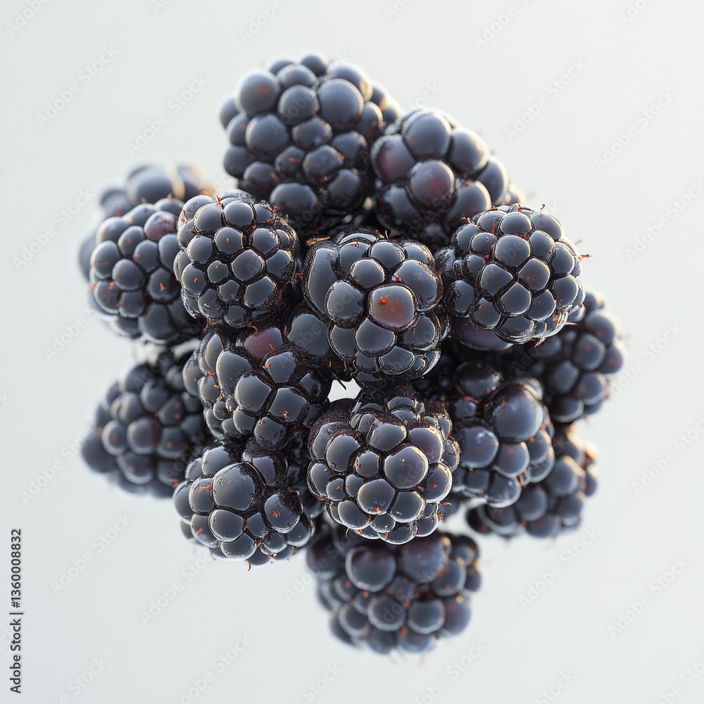 Poster close-up of a group of fresh blackberries against a soft light background, showcasing juicy texture 