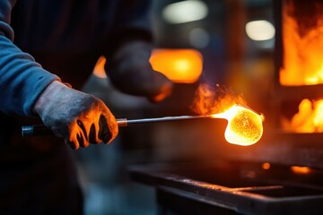Male artisan shaping molten glass with iron rod in workshop.