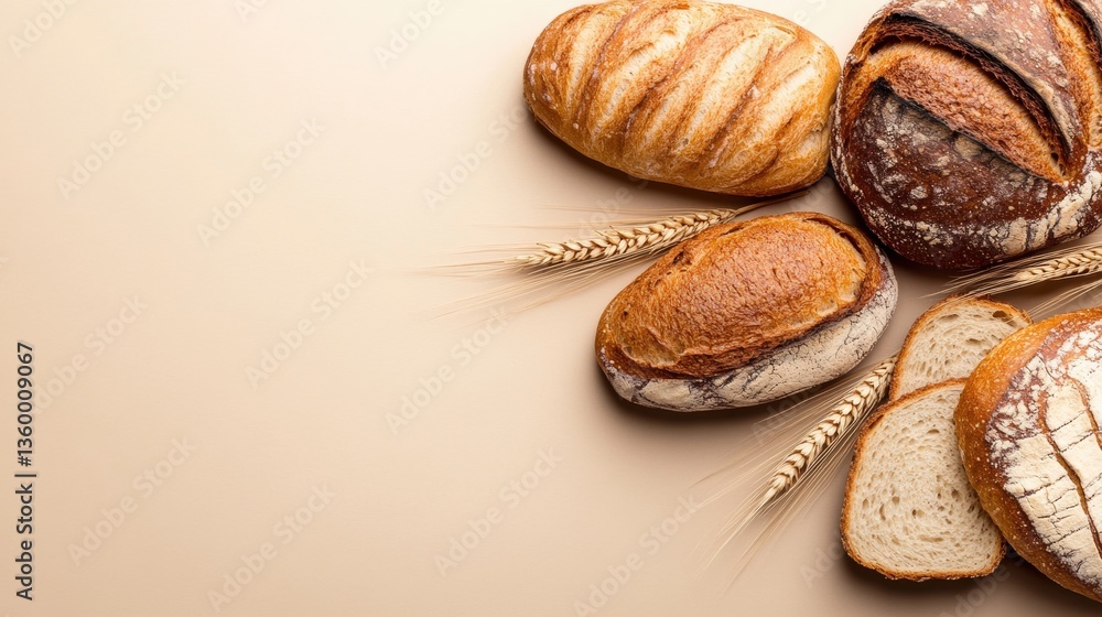 Aufkleber a beautiful arrangement of artisan bread loaves and slices on a beige background with wheat stalks, 