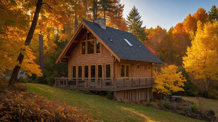 Obraz premium Cozy wooden cabin surrounded by vibrant autumn foliage in a serene forest setting