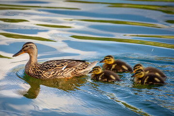 duck and ducklings swimming in the lake
