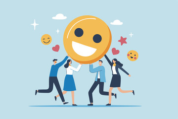 Employee satisfaction, workplace happiness or success team motivation, employee engagement or participation, feedback or company survey rating concept, business people employee with smile happy face.