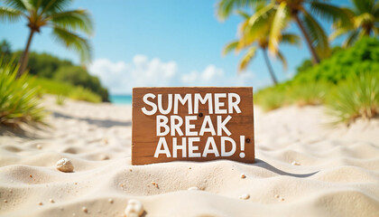 Rustic sign announcing summer break on sandy beach path, vacation vibes, End of school year