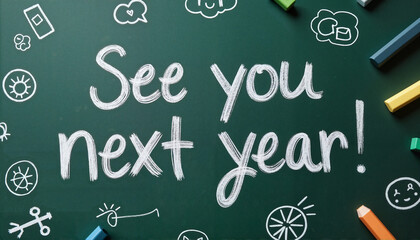 Playful farewell message on chalkboard for last school day, nostalgia, End of school year