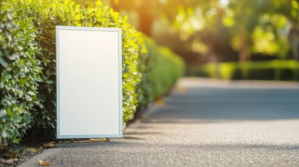 Blank sign beside a pathway in a sunny park surrounded by lush greenery during the late afternoon