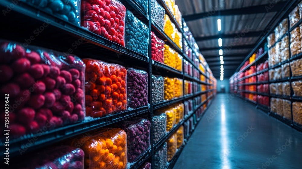 Fototapete rows of vibrant containers filled with perishable items are neatly arranged in a cold storage facili