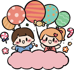 pink Children with Balloons in the Clouds