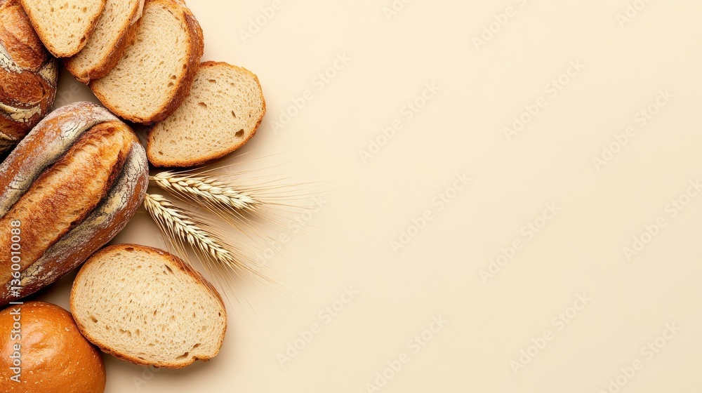 Poster a beautiful arrangement of sliced bread loaves and wheat stalks placed on a beige background with am