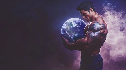 Naklejka premium Powerful figure holding Earth
