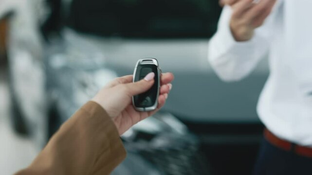 The completion of a car purchase or rental deal, with the handover of keys. Concept the final step of a seamless car buying, selling, or test-driving experience, highlighting customer satisfaction.