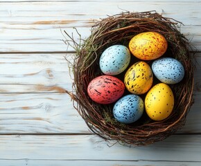Obraz premium Colorful Easter Eggs in a Nest Surrounded by Natural Twigs and Texture on a Light Wooden Background for Spring Holiday Decoration and Celebration